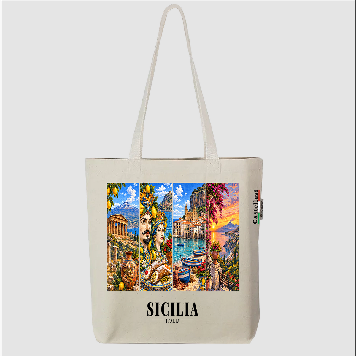 Castellesi Sicilia Cartoline tote with four-panel Sicilia cityscape design