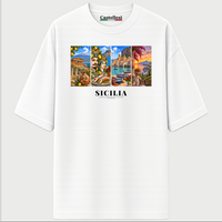 Castellesi Sicilia Cartoline t-shirt in white with four-panel Sicilia cityscape design