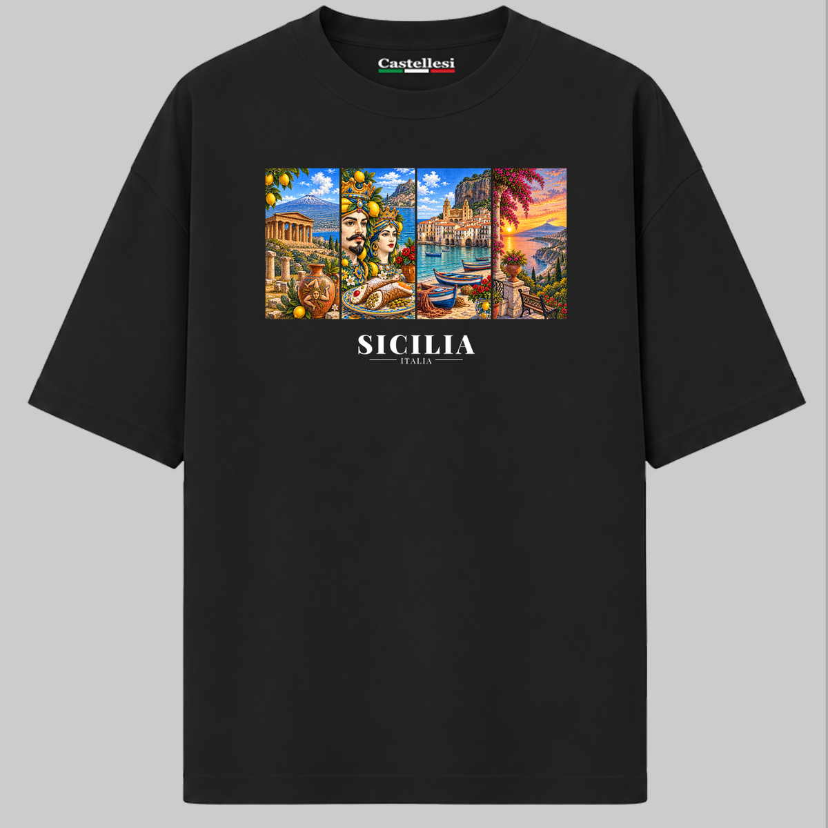 Castellesi Sicilia Cartoline t-shirt in black with four-panel Sicilia cityscape design