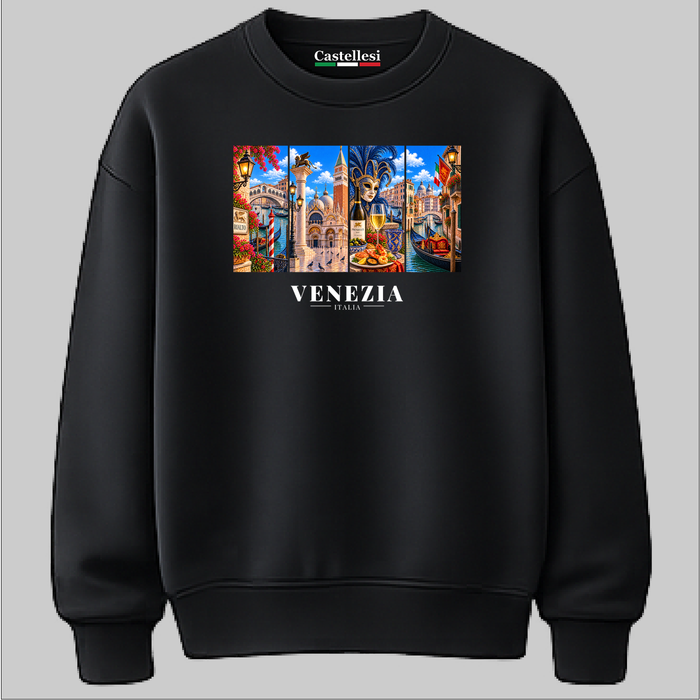 Castellesi Venezia Cartoline sweatshirt in black with four-panel Venezia cityscape design
