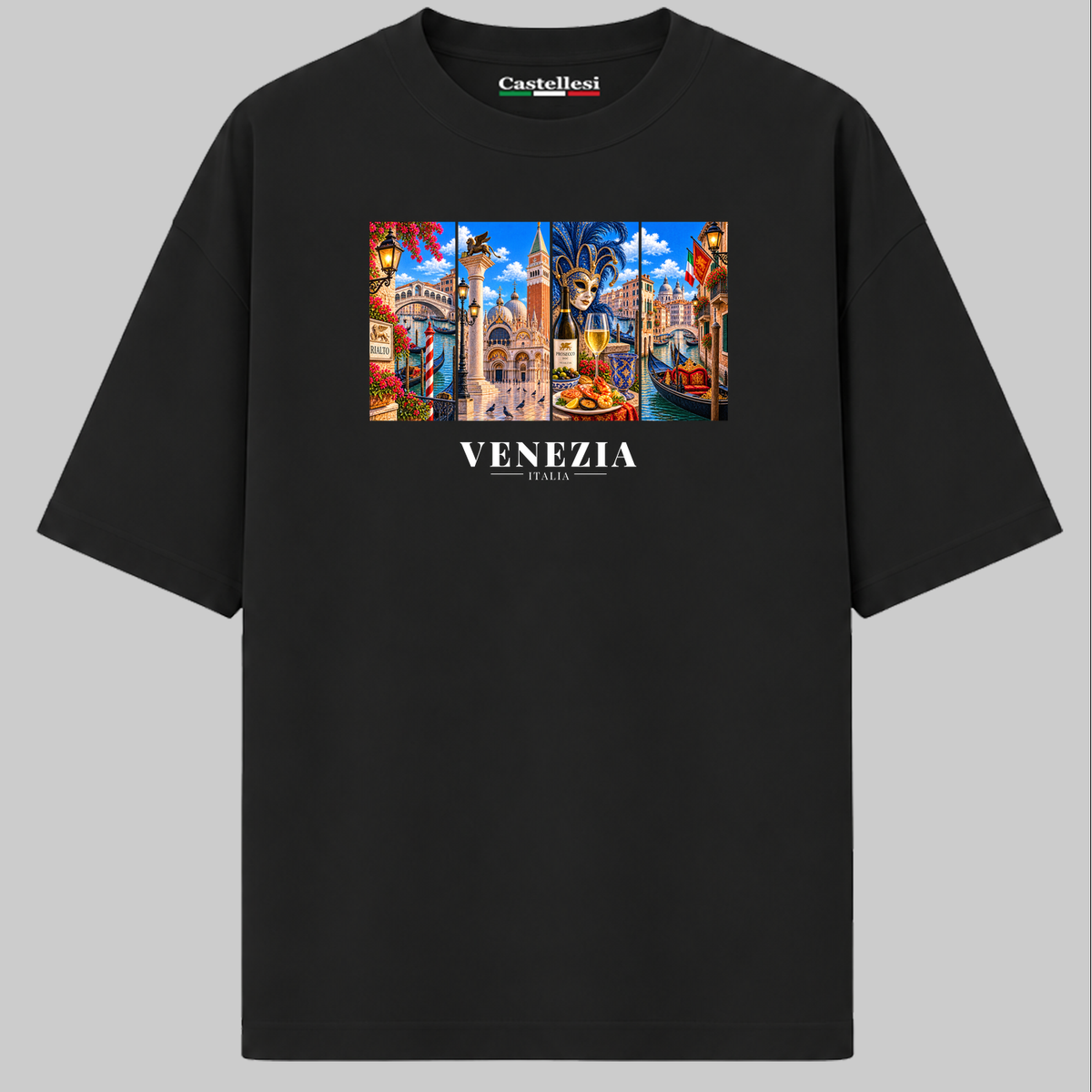 Castellesi Venezia Cartoline t-shirt in white with four-panel Venezia cityscape design