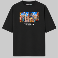 Castellesi Venezia Cartoline t-shirt in black with four-panel Venezia cityscape design