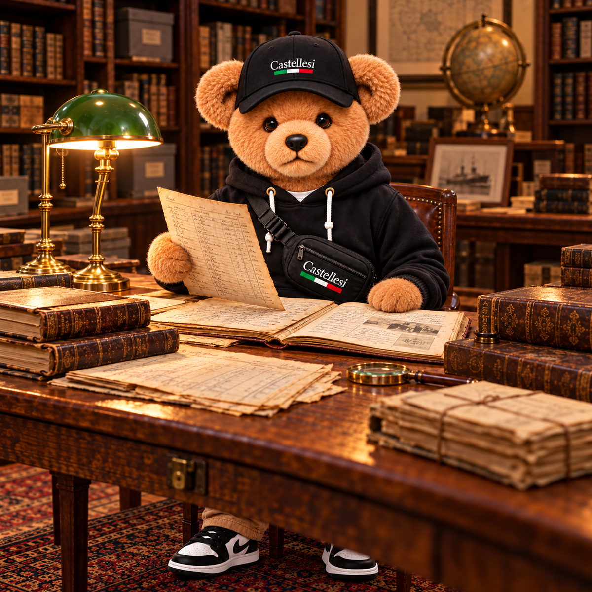 Orso the Castellesi bear at a library desk, reading a ship manifest beside bound civil registers